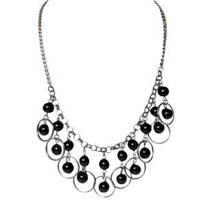 Y2K Black Acrylic Bead Silver Tone Statement Necklace 18”
